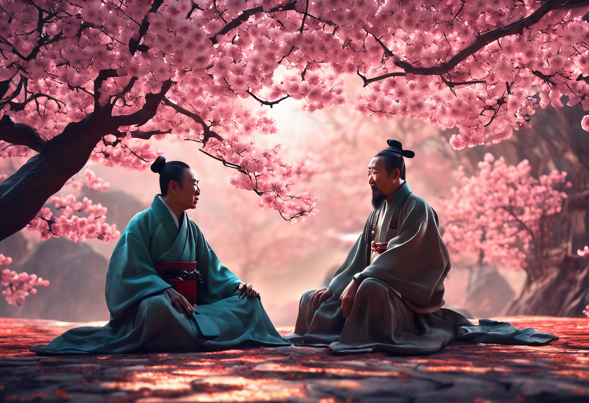 Two Chinese sages sitting in the shade of a cherry blossom tree with rays of sun passing among the flowers