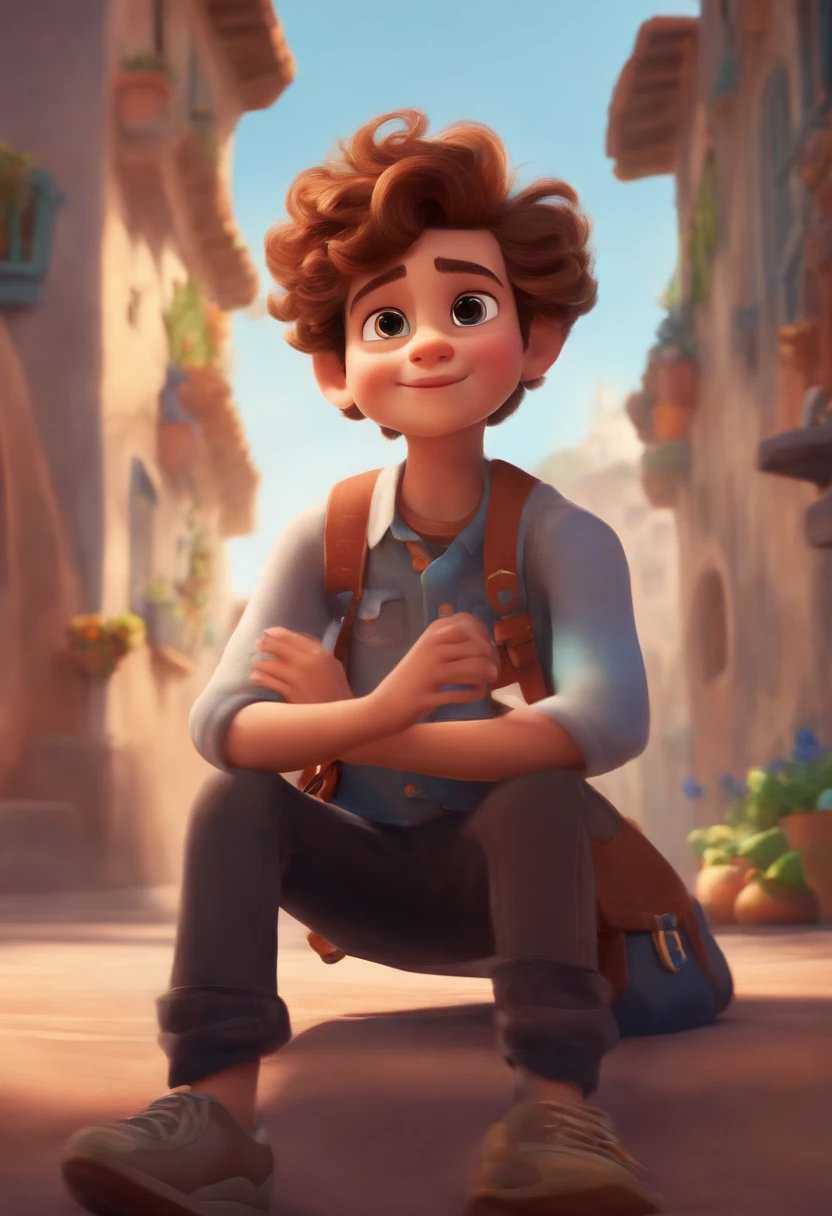 Image of a boy for a story in a YouTube video in Pixar format, He's the little allabester, He's the class leader, He's outgoing, Playful and gets up for a lot of things, cabelo curto