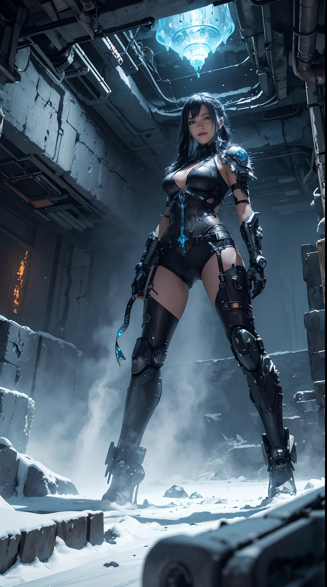 Cyberpunk, mechanical, broken, there is a picture of a very large iceberg, cyberpunk, mechanical, broken, with a lot of snow, dungeon background, icicle background, arena background, game background, dark dark cave background,a female warrior laying,((smile:1))