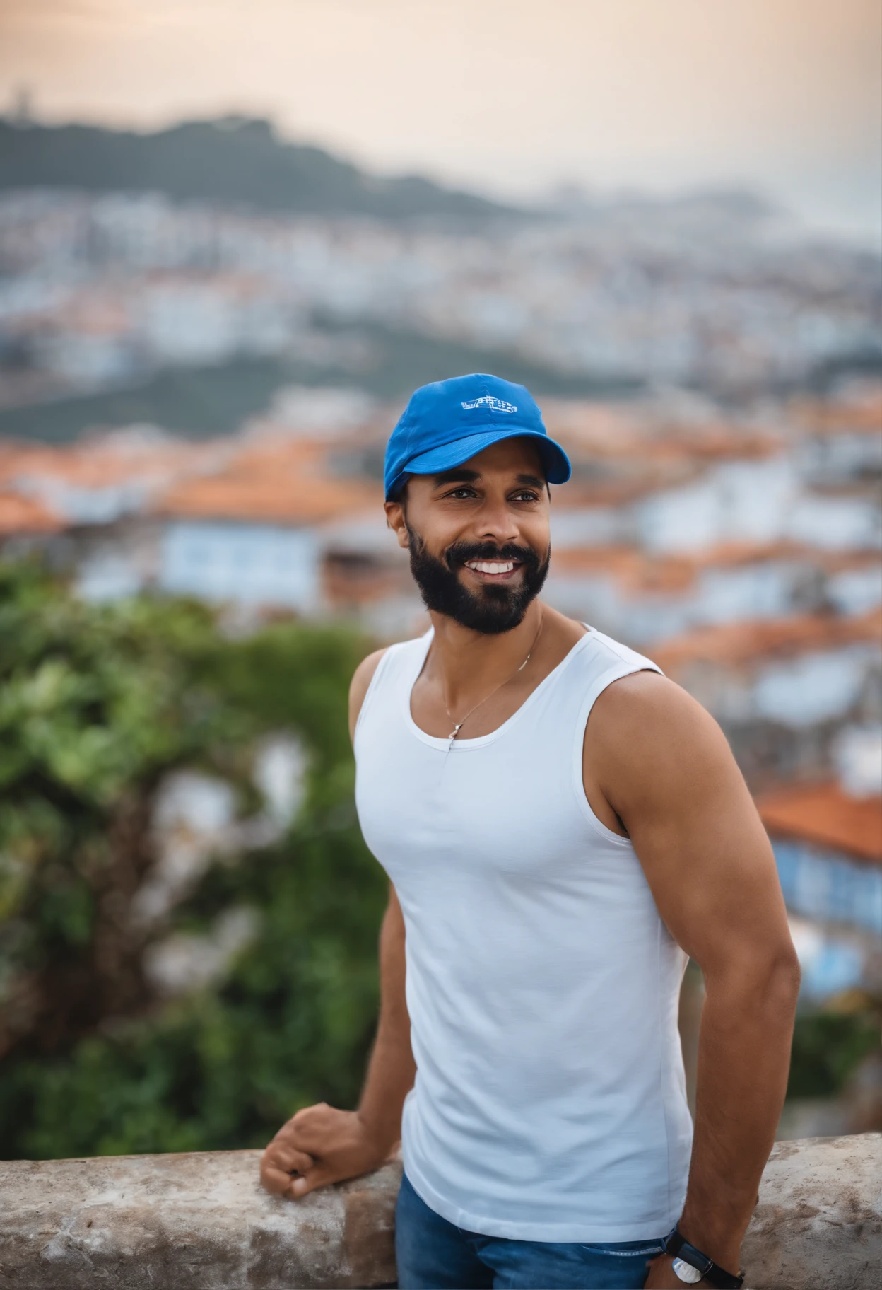 Boy in blue cap, camisa azul, pardo, magro rosto comprido, sem barba e bigode 30 anos. Tirando selfie na cidade alta, Salvador, In the background the lower city with the view of the houses, o lindo mercado modelo e o mar.