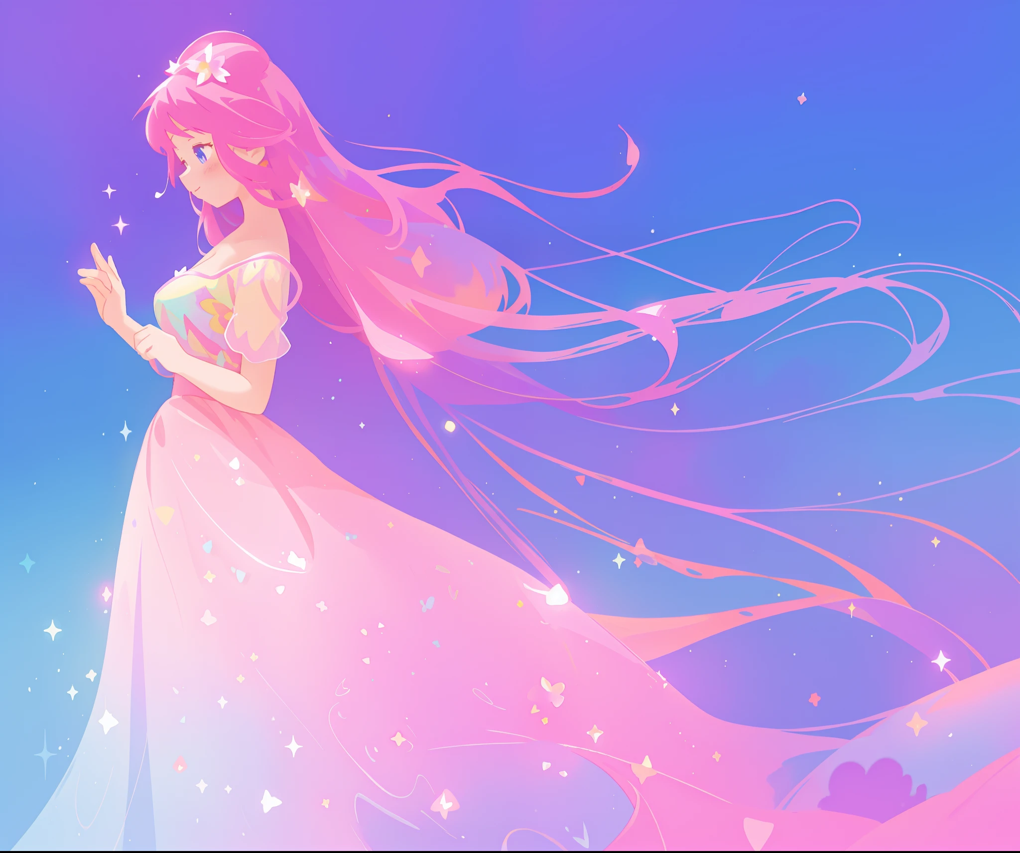 beautiful girl in colorful sparkling flowing ballgown, long flowing purple pink hair, colorful sparkling lights, flowing liquid theme, colorful fantasia background, watercolor illustration, disney art style, glowing aura around her, glowing lights, beautiful digital illustration, fantasia otherworldly landscape plants flowers, beautiful, masterpiece, best quality, anime disney style