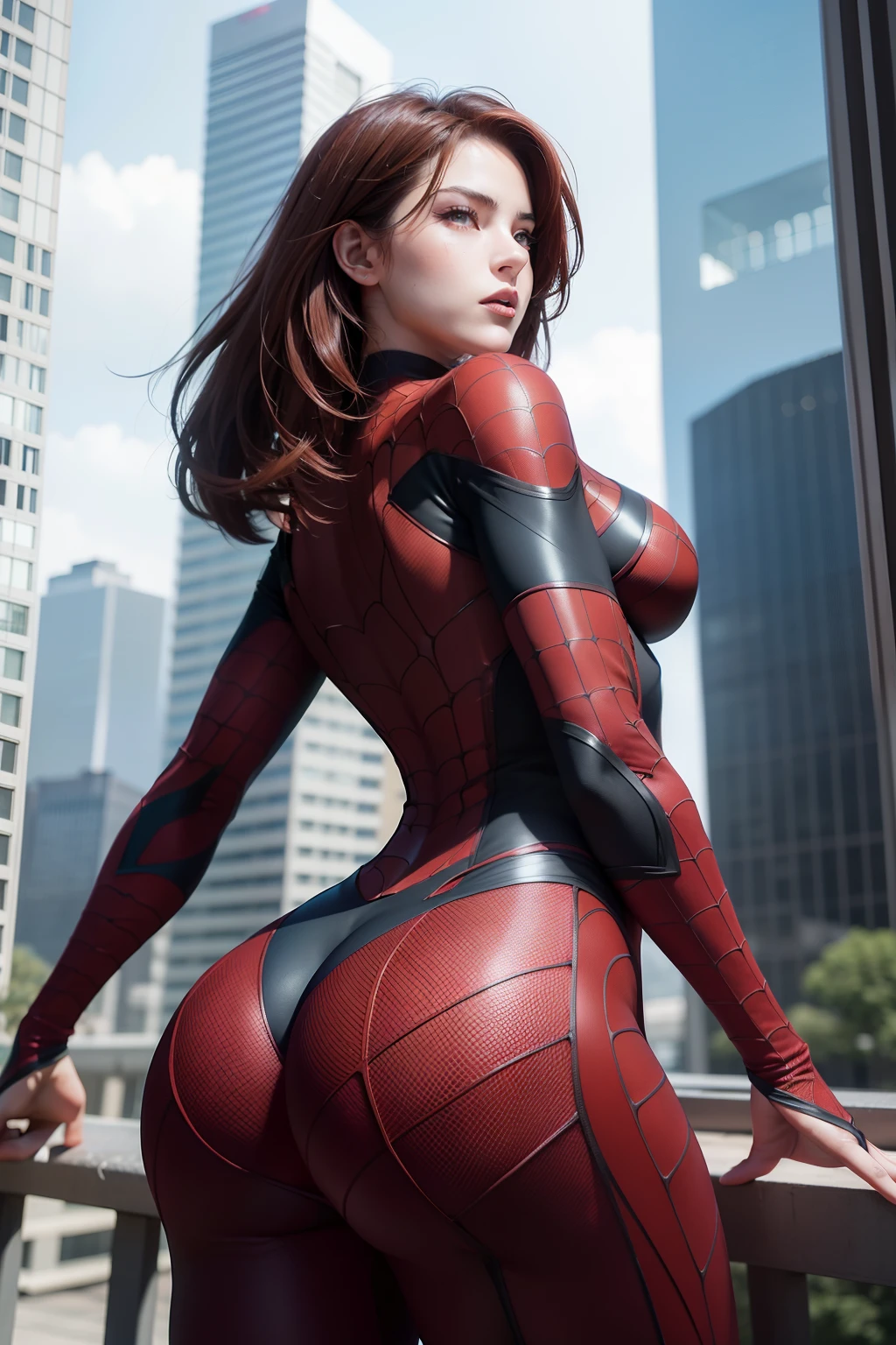 masterpiece, best quality, ultra-detailed, photorealistic, cinematic, medium camera shot, from below, battle stance on the edge of a skyscraper, sensual pose, alluring female Spiderman, perfect anatomy, perfect face, large cleavage, proportioned hands, round ass, medium auburn hair, wearing a red and black costume with web-like patterns