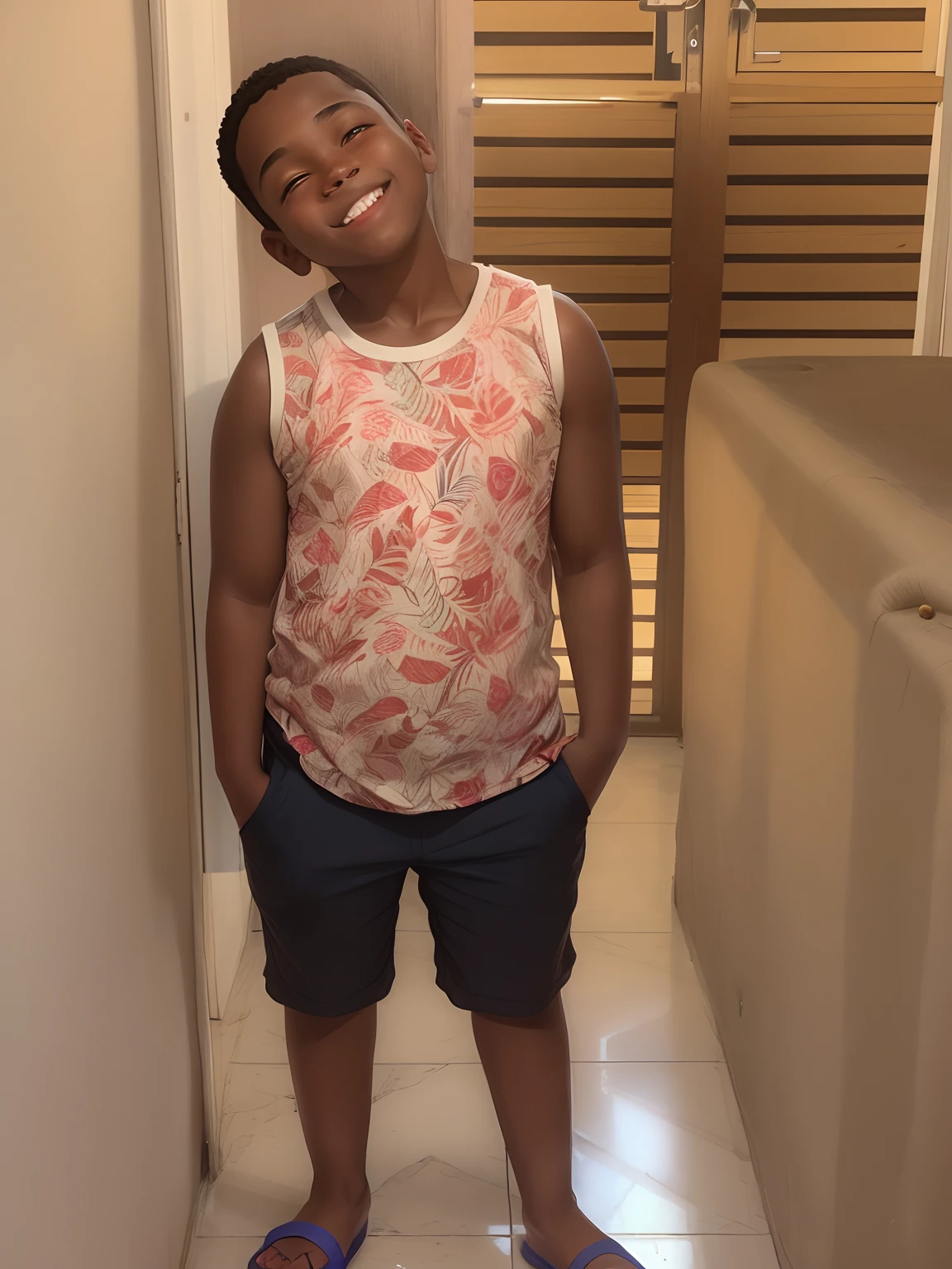 There's a boy standing in a hallway smiling, imagem de corpo inteiro, ele tem cerca de 9 anos, pele negra, cabelo crespo.