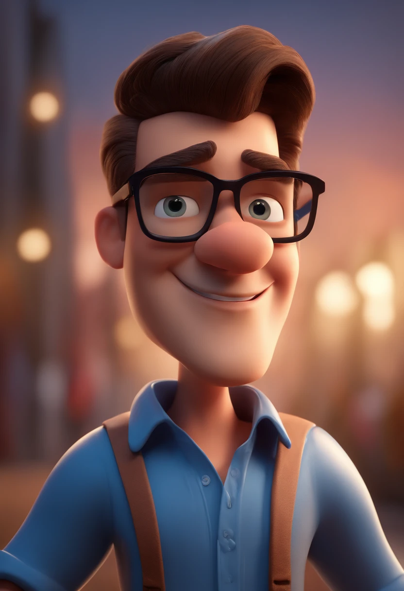 Cartoon character of a man with black glasses and a blue shirt, animation character, Caractere estilizado, animation style rendering, 3D estilizado, Arnold Maya render, 3 d render stylized, toon render keyshot, Personagem 3D, Personagem 3D, 3d rendering stylized, 3 d character render, personagem de desenho animado, Personagem de close up, Pose de personagem, (Estilo Pixar) (master part:1.2) (Bokeh) (best quality) (pele detalhada) (textura detalhada) (8k) (argila) (Cinematic lighting) (foco nítido