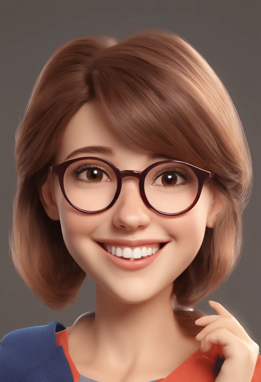 Smiling girl Illustrator, sorriso insano, Fair-skinned teenage girl with a shy smile, and round glasses, Round glasses, cabelo curto Marrom, short hair Brown, happily smiling cute at the camera, sorriso fofo, she's smiling, smile shy, Smiling girl, foto de perfil headshot, rindo sorriso enorme, desenhando no estilo de Arte 3D, c4d, fundo de um parque, estilo disney, estilo pixar render ilustracao Super Detalhe, 8k
