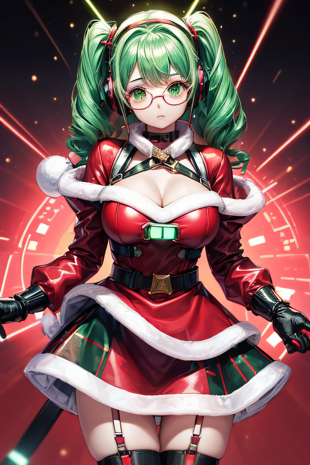 ((worst quality, low-quality)), Super delicate, ​masterpiece,Composition of the upper body, girl with, Solo, (Big breasts), ((chest opened, santa costume:1.2)), (Green hair, Longhaire), Hair over one eye, (Under-rim glasses:1.3),plump shiny lips, Beautiful clear eyes, Spoken Heart, Leaning forward, embarrassed,(Green and red theme:1.4), (Cyberpunk Fashion:1.2),(Christmas-themed dresses:1.2), (Circuit Pattern Stockings:1.1), (Metallic Hair Clip:1.2), (Open jacket:1.3), (In the tube that extends from the futuristic headset、There is a part that emits red light:1.3), (Neon Light Color:1.3),  (Pink sparkling geometric pattern on christmas dress:1.3), (Electronic circuit patterns that emit illumination light:1.3), ((Electronic circuit embedding, Multi-layer armor plates) With fluorescent red oversized open military jacket:1.3), (Black Harness:1.3), (Fluorescent red ski boots:1.1), ((Red Military Gloves):1.2), masutepiece,Best Quality,ultra-detailliert,​masterpiece,