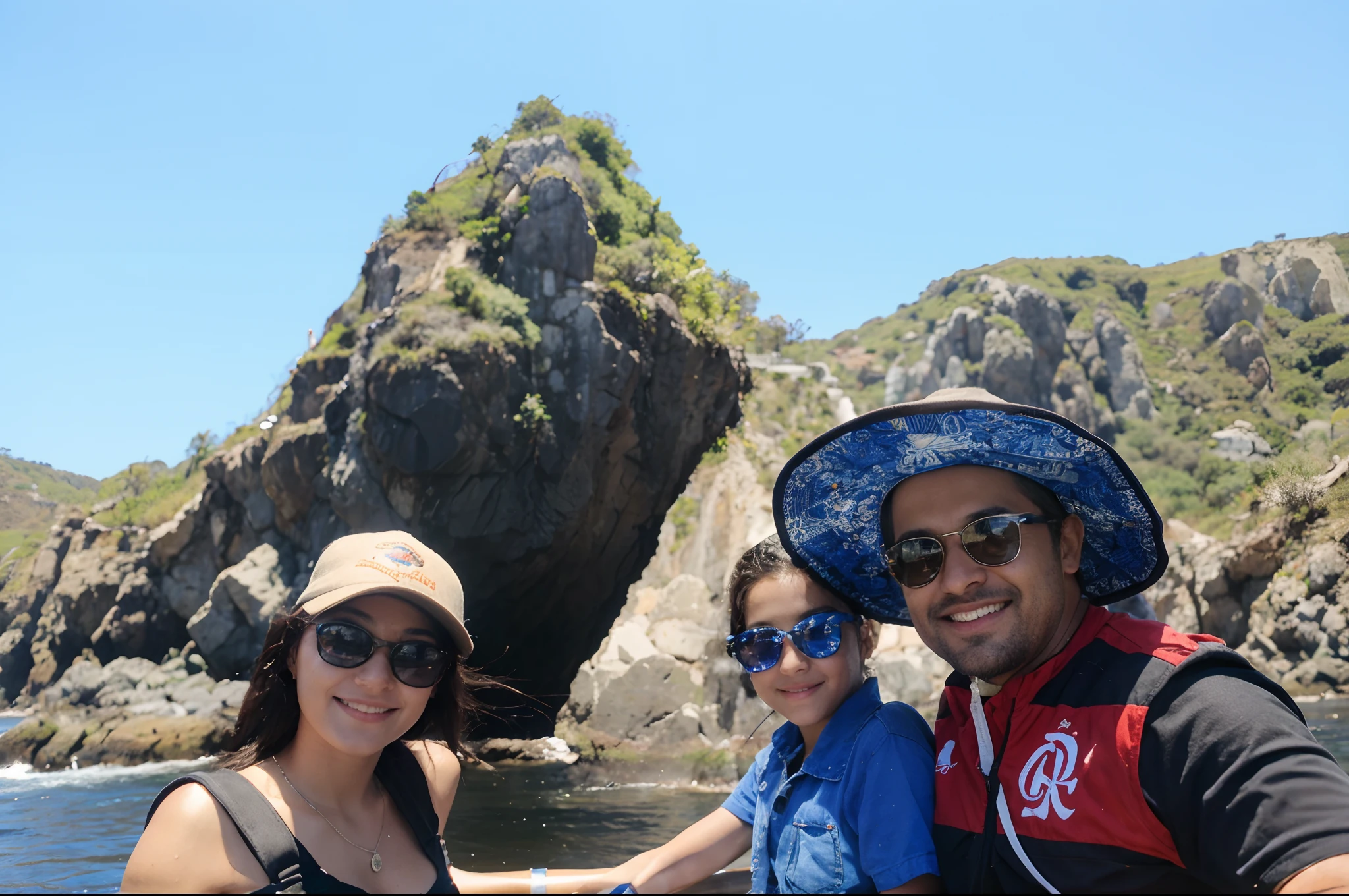 menino: Miguel, aproximadamente 5 anos de idade, cabelo curto estilo Disney, olhos castanhos e sorrisos. garota: monaliza, 26 anos, longos cabelos pretos e olhos castanhos. scenecy: Miguel who is a cozy boat in the valley, ao fundo um dia ensolarado, Destacando o Sol, o mar e as montanhas