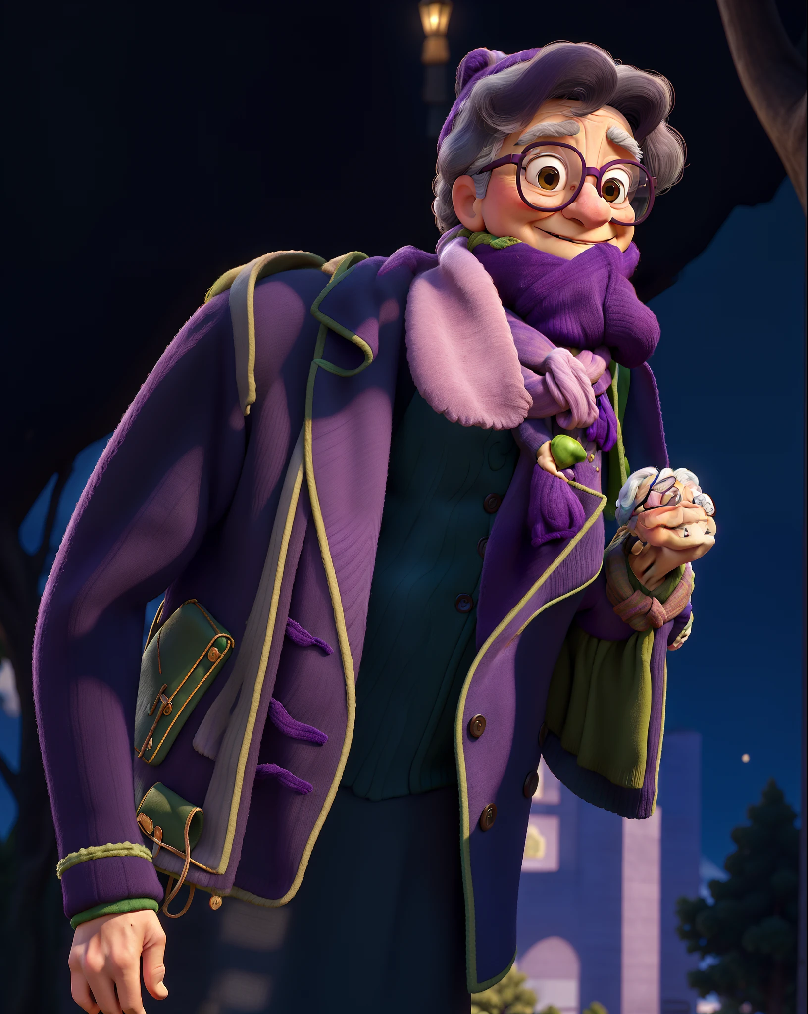 masterpiece, best quality, an old woman with glasses and a scarf on, wearing a purple coat and green scarf, standing at the park