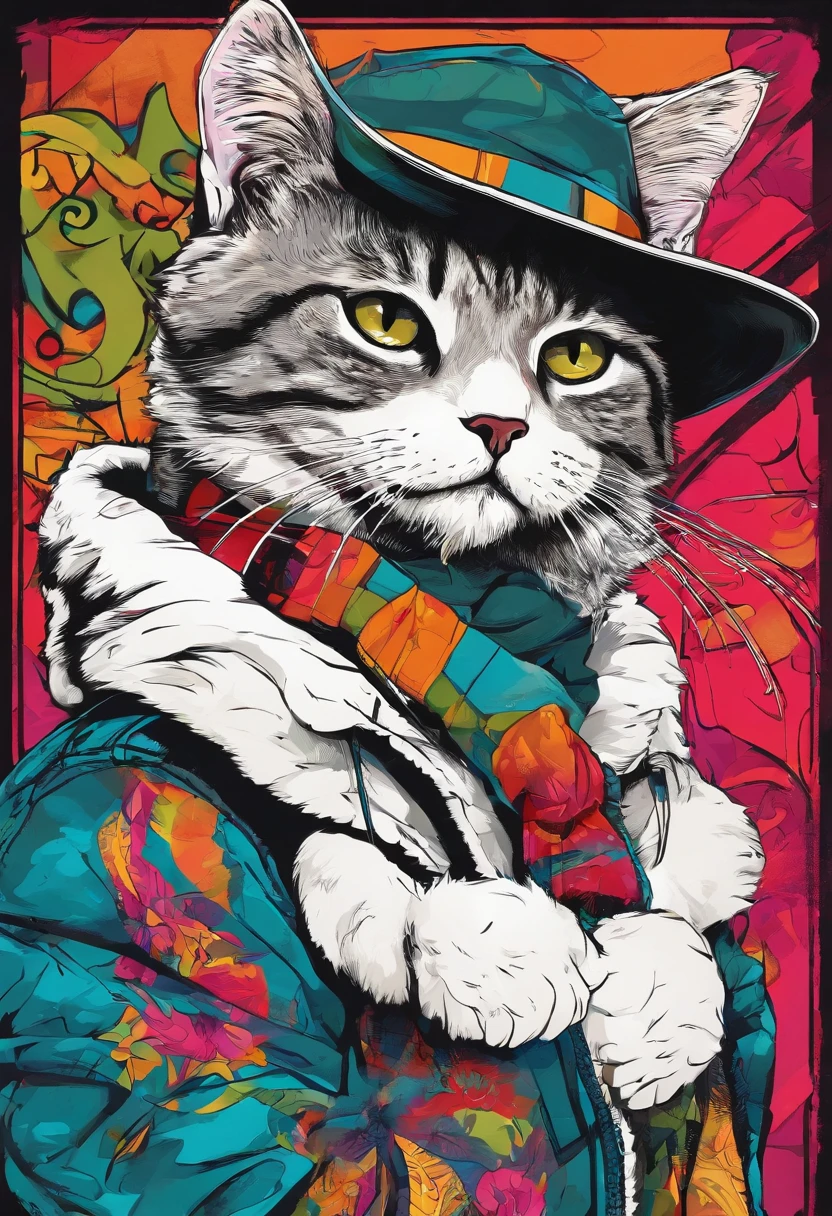 a painting of a cat wearing a hat and scarf, trending on art station, Vestido com roupas punk, detailed hyper-realistic rendering, British gang member, estilo de rua, pose intimidadora, Planeta dos Gatos, roupas com moda, samurai urbano, miau, West Slavic features, 8 1 5, Animacoes