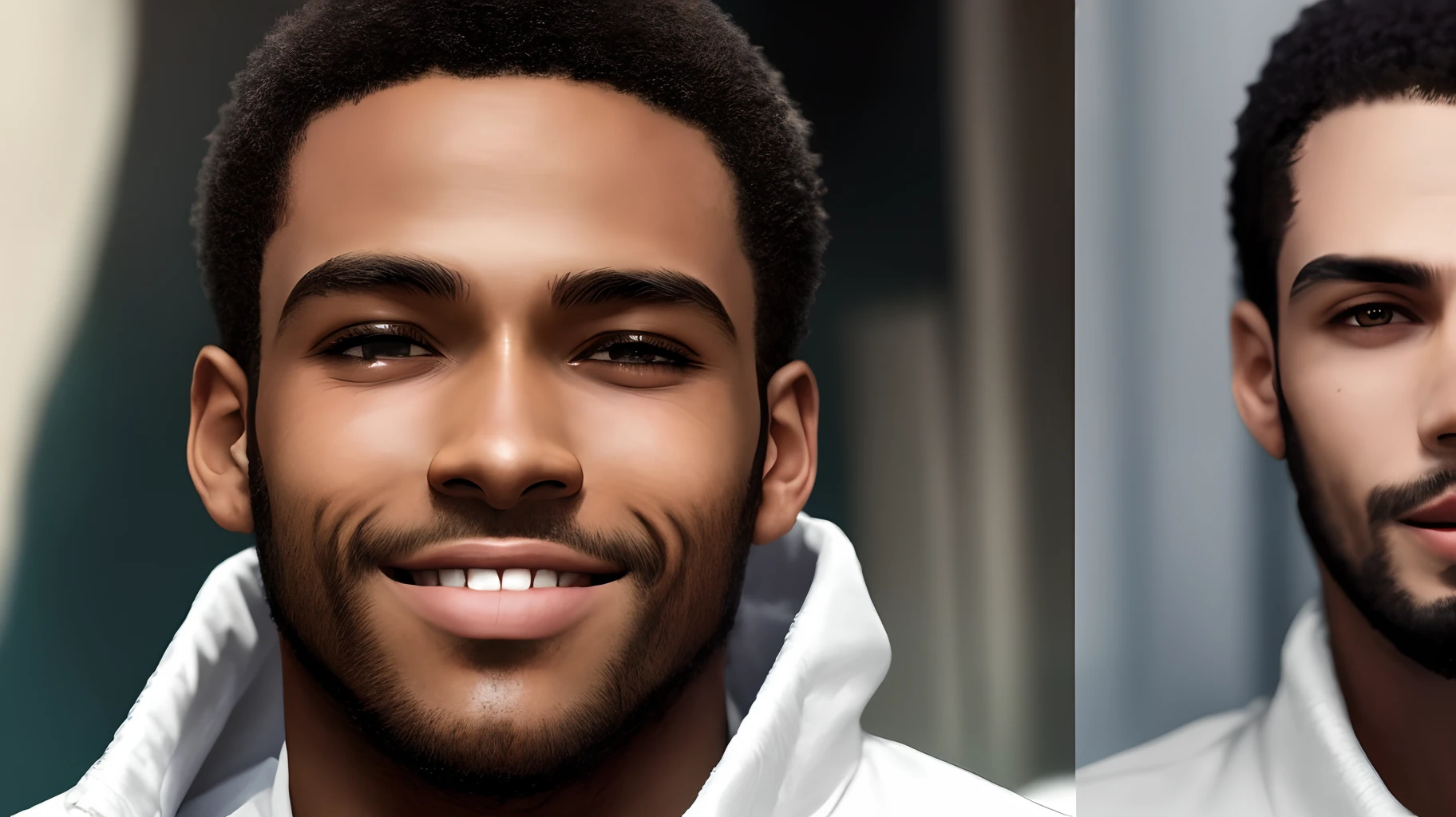 Homem negro rosto largo naris pequenos olhos castanhos e belo sorriso e meio calvo