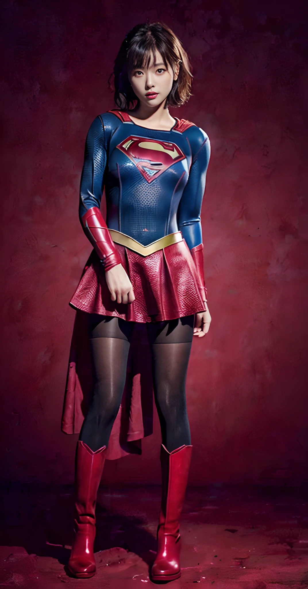 Beautiful girl fighting、japanes、Cute Beautiful Girl、(((Wear black tights on your beautiful legs.)))、(((beauty legs)))、(((Open thighs)))、((((Make the most of the original image)))、(((Supergirl Costume)))、(((Beautiful hair with short cuts)))、(((Injured)))、(((Feet must necessarily be worn with black tights)))、(((You need to wear red boots)))、((Top image quality、8K))、((top-quality、8K、masterpiece:1.3))、(((Keep your background simple)))、Crisp focus:1.2、Beautiful woman with perfect body shape:1.4、Slender Abs:1.2、a wet body:1.5、Highly detailed facial and skin texture、8K、Keep your background simple