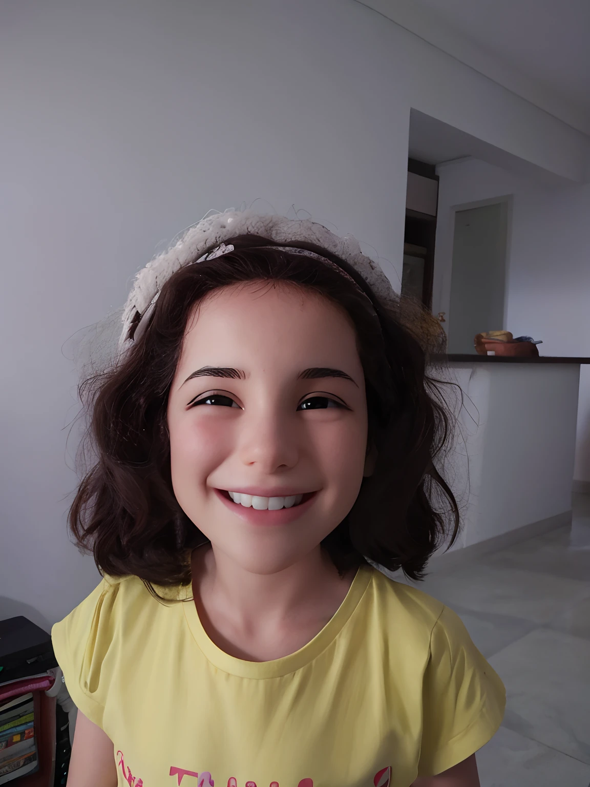 sorrindo, 6 anos, shoulder-length wavy hair,