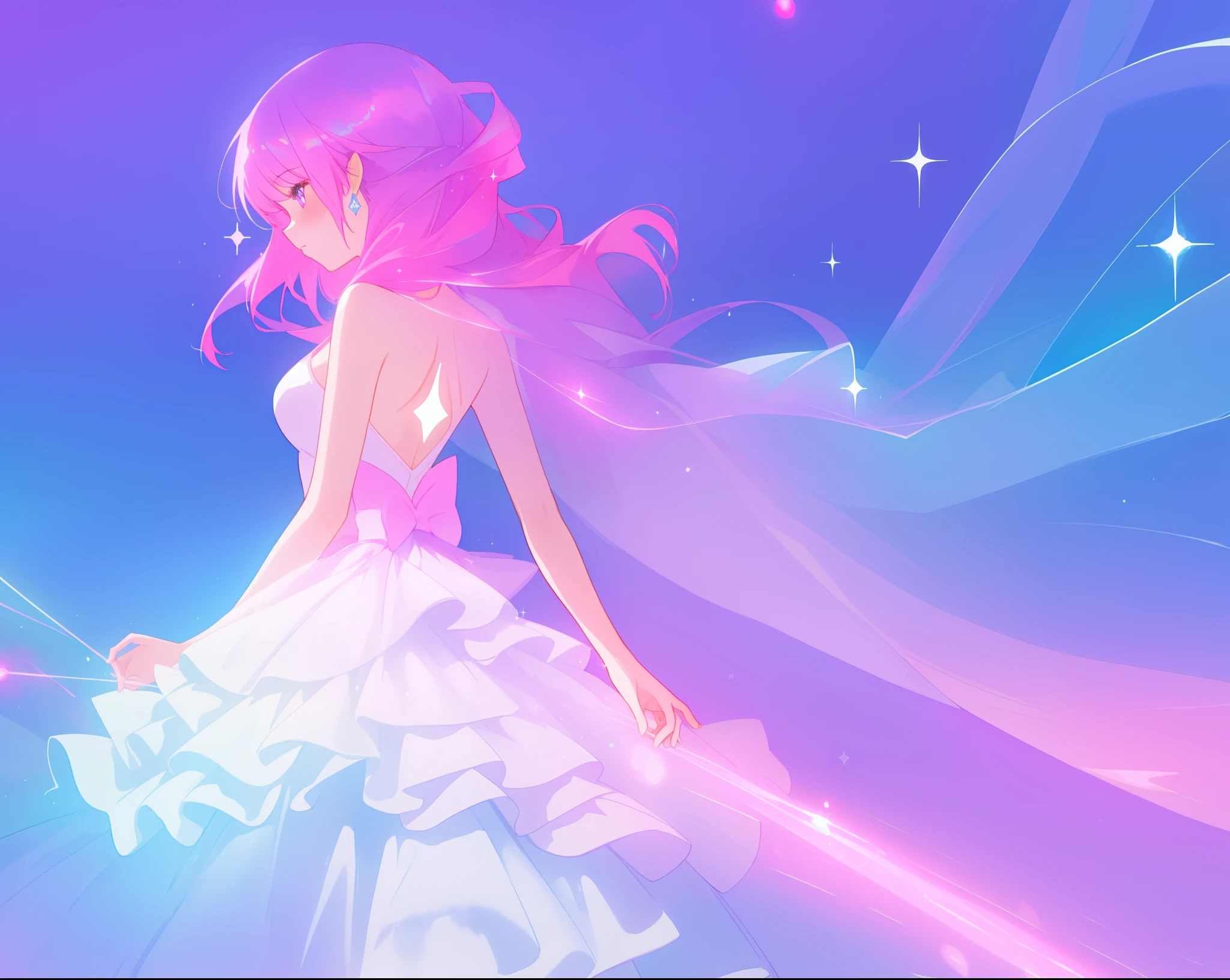 beautiful girl in colorful sparkling flowing ballgown, ((sparkling layered elegant ballgown)), long flowing purple pink hair, colorful sparkling lights, purple blue pink white theme, colorful fantasia background, watercolor illustration, glowing aura around her, glowing lights, beautiful digital illustration, beautiful, masterpiece, best quality