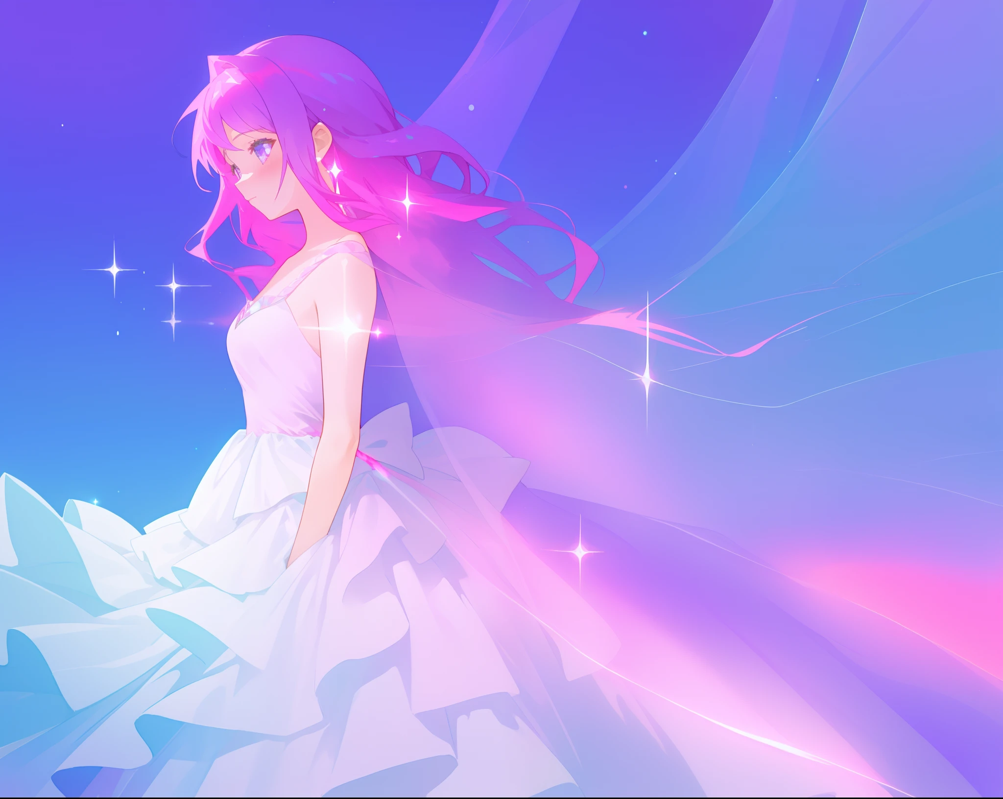 beautiful girl in colorful sparkling flowing ballgown, ((sparkling layered elegant ballgown)), long flowing purple pink hair, colorful sparkling lights, purple blue pink white theme, colorful fantasia background, watercolor illustration, glowing aura around her, glowing lights, beautiful digital illustration, beautiful, masterpiece, best quality