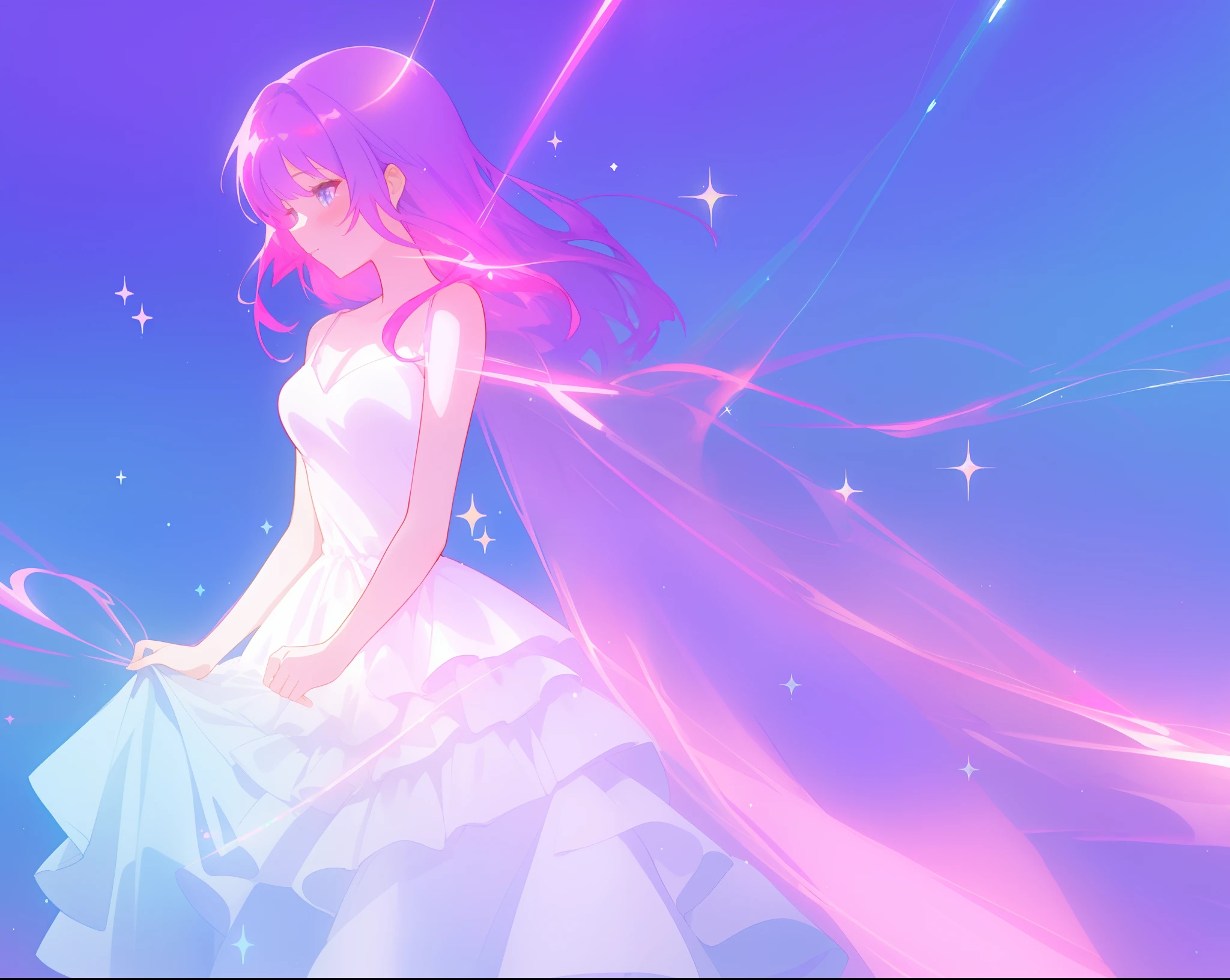 beautiful girl in colorful sparkling flowing ballgown, ((sparkling layered elegant ballgown)), long flowing purple pink hair, colorful sparkling lights, purple blue pink white theme, colorful fantasia background, watercolor illustration, glowing aura around her, glowing lights, beautiful digital illustration, beautiful, masterpiece, best quality