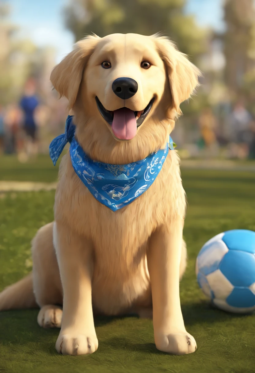 Estilo Pixar: a female dog, dourada, Golden retriever breed, with a stuffed alligator in his mouth and a blue bandana around his neck, com cara feliz. Dia com sol.