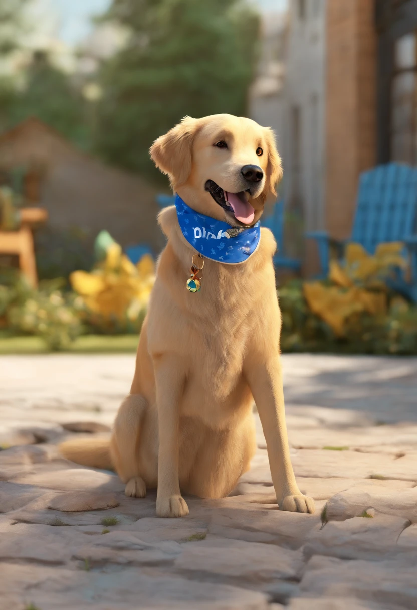 Estilo Pixar: a female dog, dourada, Golden retriever breed, with a stuffed alligator in his mouth and a blue bandana around his neck, com cara feliz. Dia com sol.