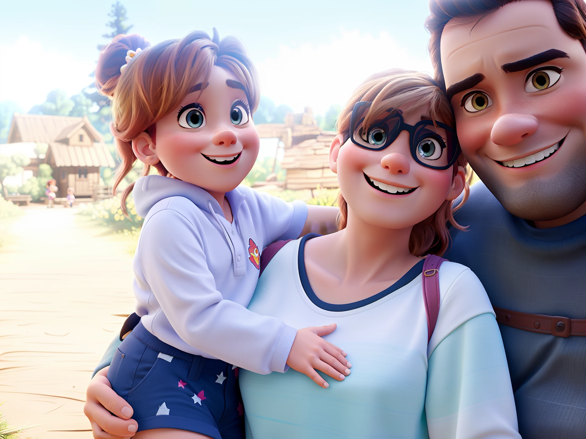 A Disney Pixar-style family in the woods on a sunny day, alta qualidade