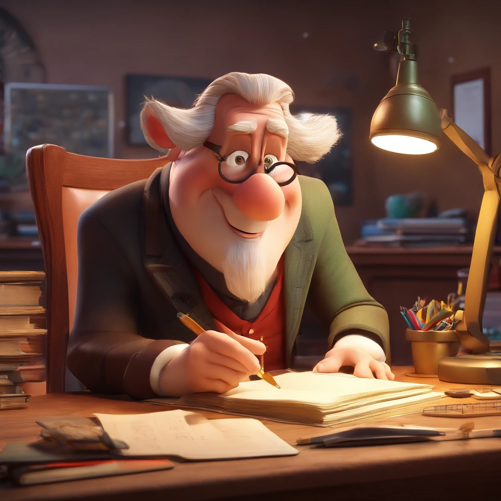 Crie um cartaz inspirado na Disney Pixar com o personagem sendo o pastor Rubens Janier, Um homem de cabelos grisalhos, In an office with a notebook on the desk, Looking forward and serious