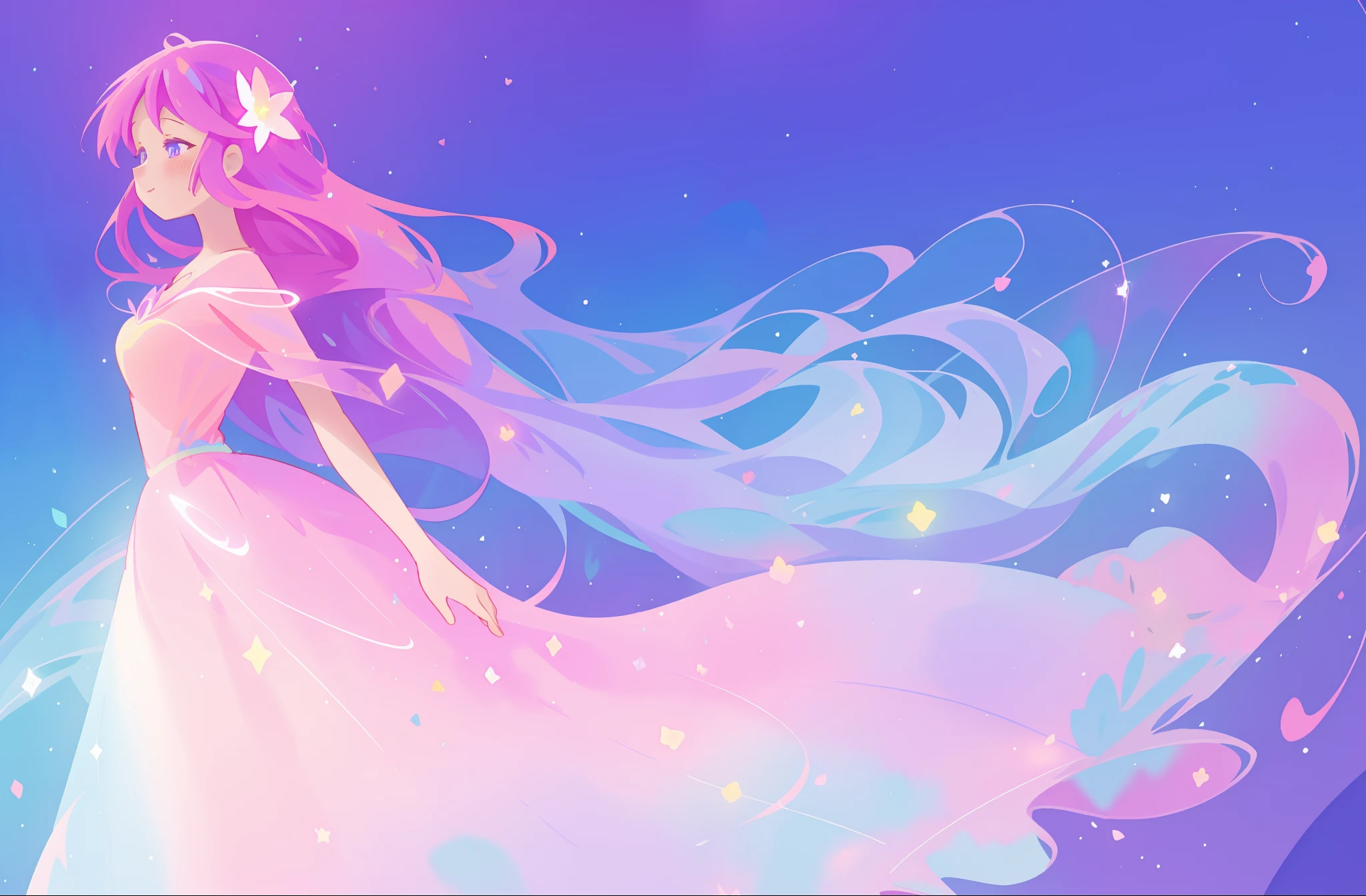 beautiful girl in colorful sparkling flowing ballgown, long flowing purple pink hair, colorful sparkling lights, flowing liquid theme, colorful fantasia background, watercolor illustration, disney art style, glowing aura around her, glowing lights, beautiful digital illustration, fantasia otherworldly landscape plants flowers, beautiful, masterpiece, best quality, anime disney style