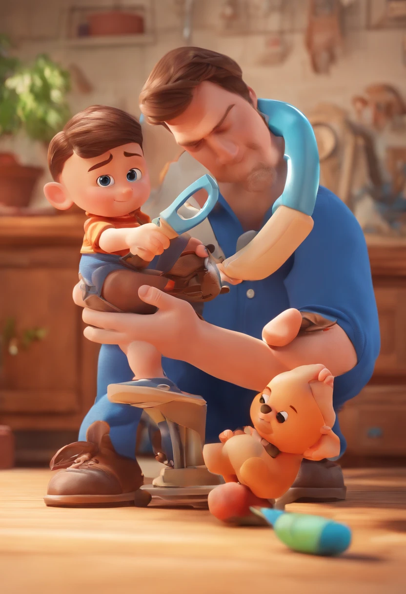 Estilo Pixar: The grown man is holding a naked blue-eyed boy and in his other hand he is holding a pair of scissors and is trying to cut off the boy's testicles,3D Poster,Disney