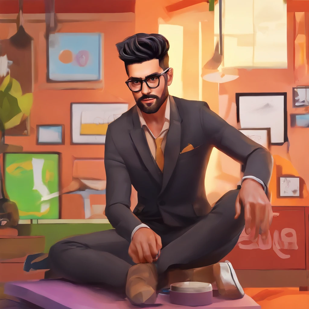 (black-haired man with a quiff, glasses, black eyes, 38 years old, brown skin), (best quality, ultra-detailed, photorealistic), portrait, vibrant colors, soft lighting, oil painting, intense gaze, stylish attire, confident expression, urban background, dynamic composition, fashionable haircut