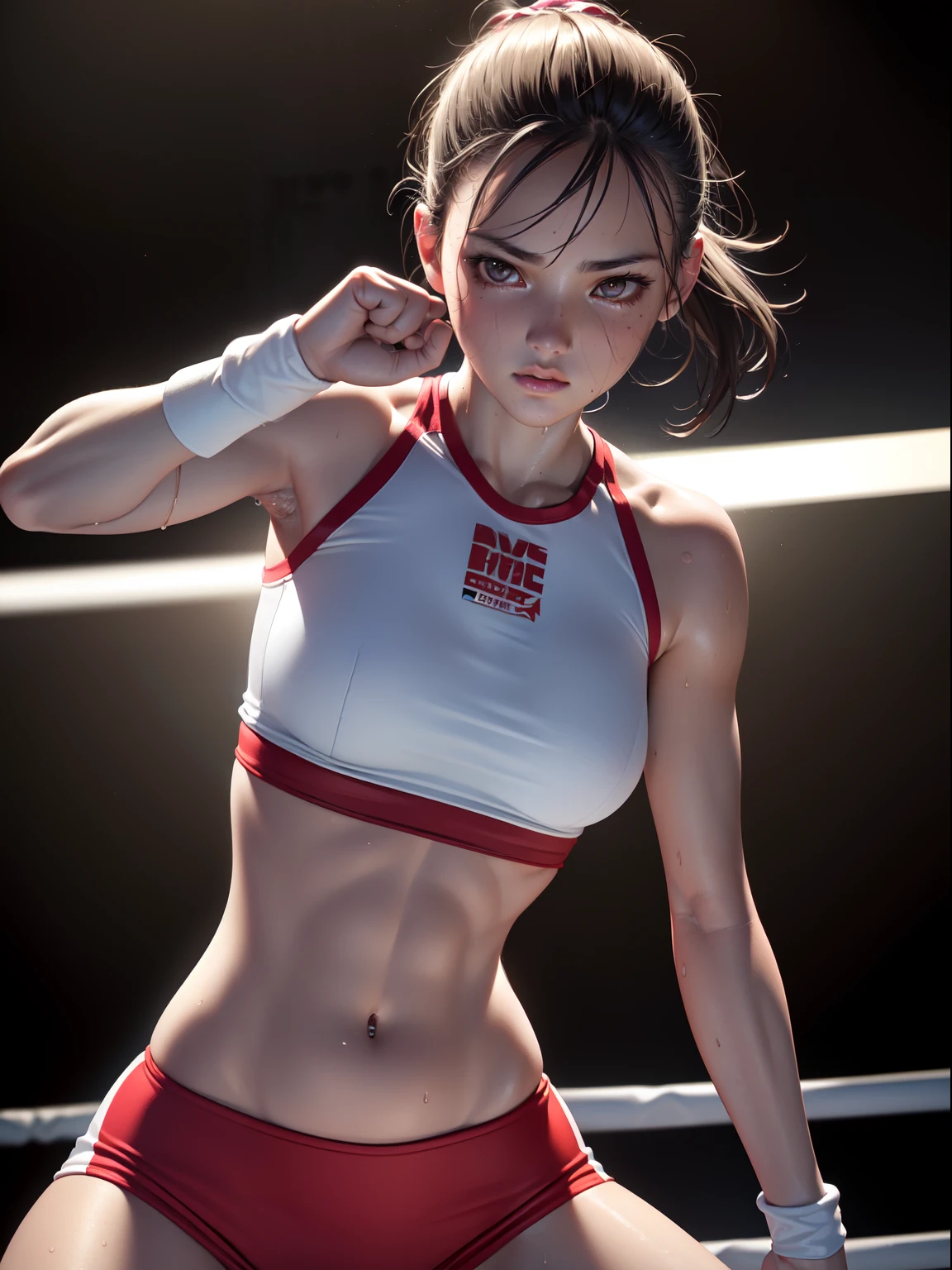Best Quality, masutepiece, High resolution, (Photorealistic:1.4), Raw photo, 1 beautiful girl ,Dynamic Angle,Female boxer ,small head, nice legs,Glowing skin, Sweat,At the boxing venue,(Detailed beautiful face:1.4),detailed skins,Detailed eyes,detailed hairs,Straight punch,Cool Girl,smart,