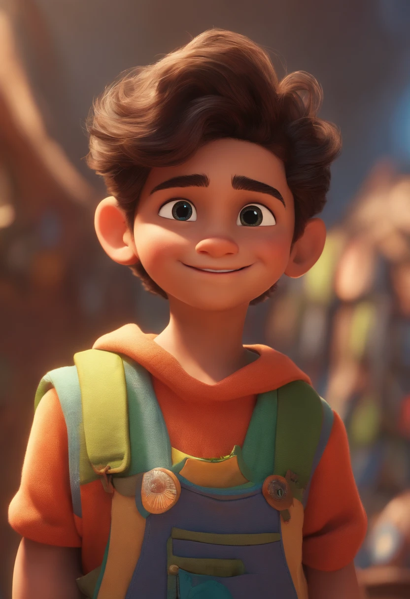 Image of a boy for a story in a YouTube video in Pixar format, He's the little allabester, He's the class leader, He's outgoing, Playful and gets up for a lot of things, cabelo curto