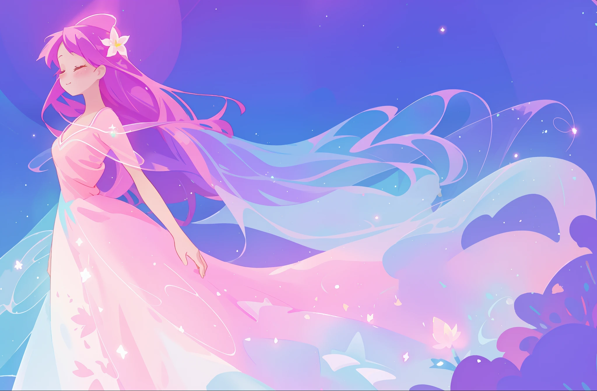 beautiful girl in colorful sparkling flowing ballgown, long flowing purple pink hair, colorful sparkling lights, flowing liquid theme, colorful fantasia background, watercolor illustration, disney art style, glowing aura around her, glowing lights, beautiful digital illustration, fantasia otherworldly landscape plants flowers, beautiful, masterpiece, best quality, anime disney style
