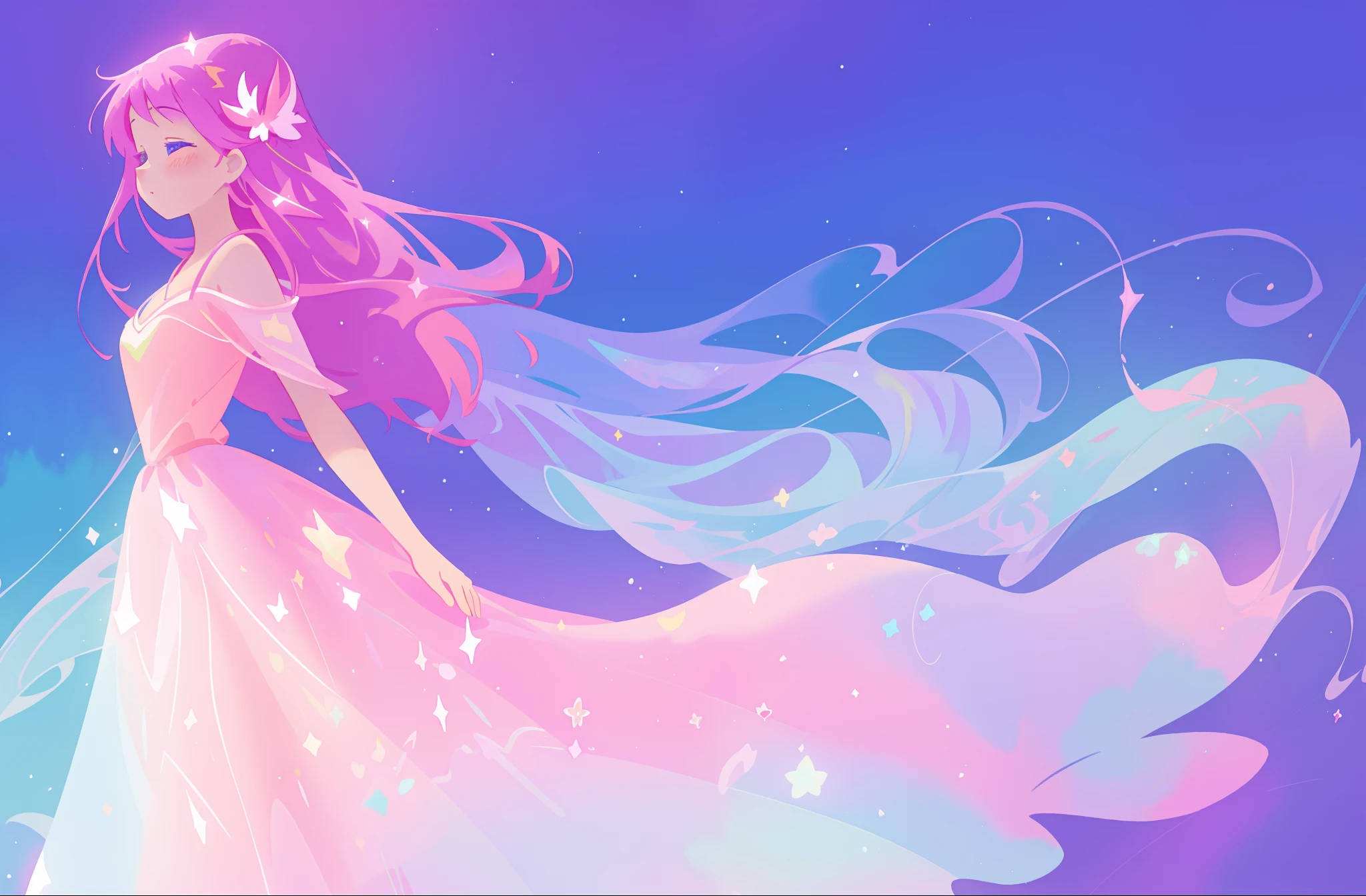 beautiful girl in colorful sparkling flowing ballgown, long flowing purple pink hair, colorful sparkling lights, flowing liquid theme, colorful fantasia background, watercolor illustration, disney art style, glowing aura around her, glowing lights, beautiful digital illustration, fantasia otherworldly landscape plants flowers, beautiful, masterpiece, best quality, anime disney style