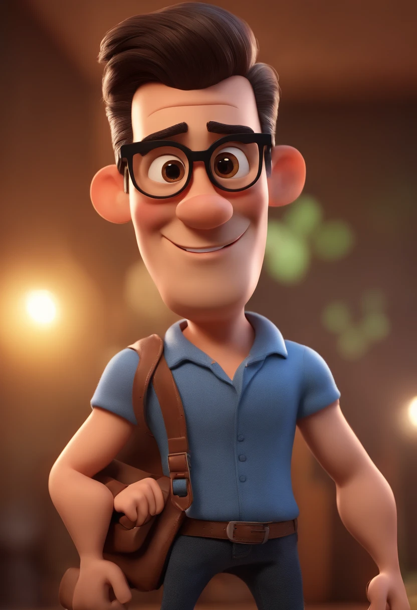 Cartoon character of a man with black glasses and a blue shirt, animation character, Caractere estilizado, animation style rendering, 3D estilizado, Arnold Maya render, 3 d render stylized, toon render keyshot, Personagem 3D, Personagem 3D, 3d rendering stylized, 3 d character render, personagem de desenho animado, Personagem de close up, Pose de personagem,  (Estilo Pixar) (master part:1.2) (Bokeh) (best quality) (pele detalhada) (textura detalhada) (8k) (argila) (Cinematic lighting) (foco nítido