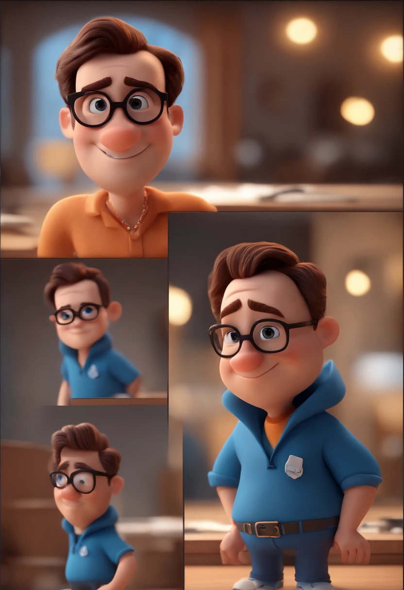 Cartoon character of a man with black glasses and a blue shirt, animation character, Caractere estilizado, animation style rendering, 3D estilizado, Arnold Maya render, 3 d render stylized, toon render keyshot, Personagem 3D, Personagem 3D, 3d rendering stylized, 3 d character render, personagem de desenho animado, Personagem de close up, Pose de personagem, (Estilo Pixar) (master part:1.2) (Bokeh) (best quality) (pele detalhada) (textura detalhada) (8k) (argila) (Cinematic lighting) (foco nítido