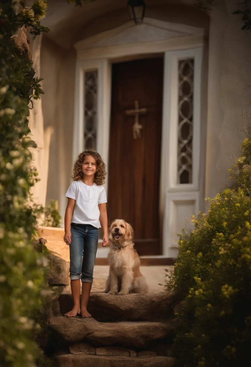 : Davi , aproximadamente 6 anos de idade, cabelo curto estilo Disney, olhos castanhos e sorrisos. garota: Isabella, 10 anos, longos cabelos pretos e olhos castanhos. scenecy: Miguel and Giovana are in a cozy little house in the valley, ao fundo um dia ensolarado, Destacando o Sol.