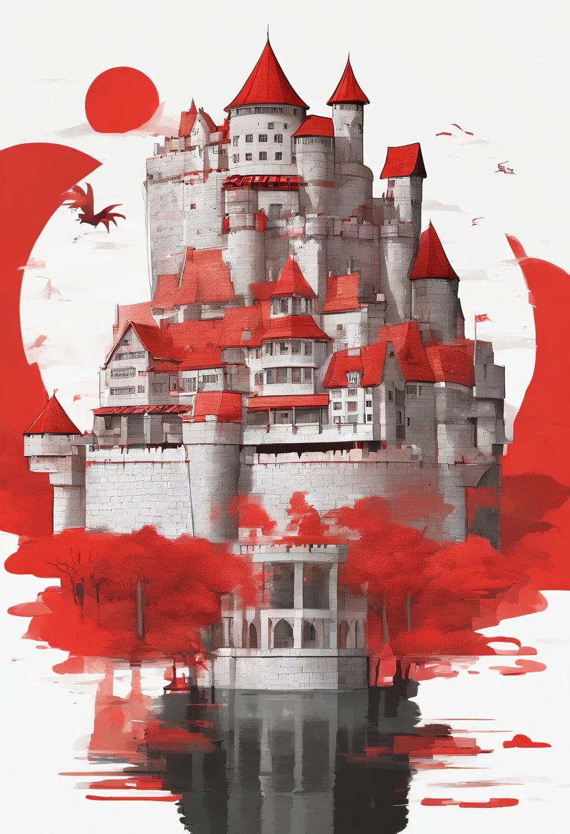 Make a medieval castle floating with a red dragons flying around the castle