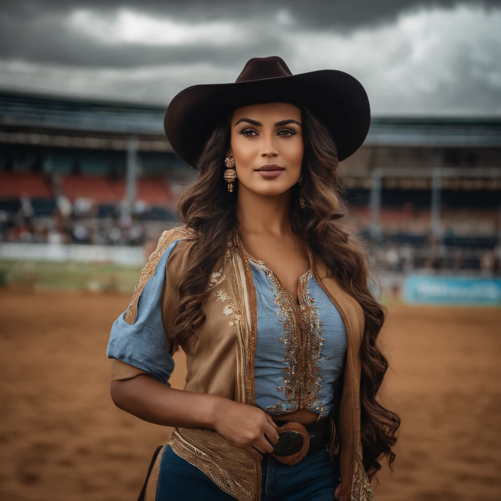 (medium full shot) of (sexy cowboy) young woman, south african, dark eyes, dark skin, dark skin, black eyes, Average, long red bun hair, wearing Sequined western shirt, denim skirt with sequin trim, cowboy hat with sequin detail, sequined cowboy boots, leather gloves with reinforced palms and fingers, set in the far west era, in Concession Stand, Aromatic smells of grilled meat and popcorn wafting through the air, colorful banners advertising snacks, a line of eager patrons, clinking of coins as transactions are made, and the sound of sizzling from the grill , at sunset, surprised, open mouth, running toward the viewer, Masterpiece,best quality, photorealistic, amazing quality, very aesthetic, extremely detailed face,