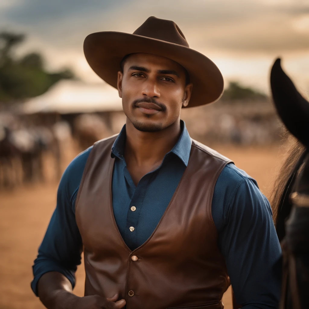 Retrato de um belo cavaleiro de rodeio de 25 anos com um perfeito, beautiful face, brasileiro, em cima de um touro ( em uma arena de rodeio, )