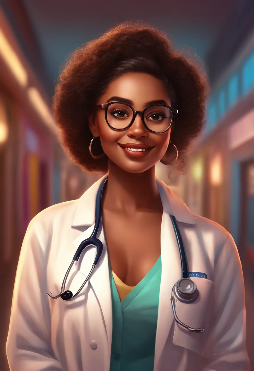 a girl,medical coat,pixar style,brown skin,detailed eyes,luscious lips,creative hairstyle,expressive features,wearing glasses,friendly smile,playful expressions,young and energetic,dynamic pose,indoors lighting,vivid colors,sharp focus,digital painting,medium:3D rendering,colorful background