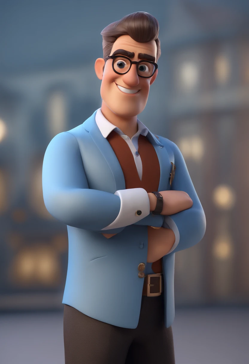 Cartoon character of a man without glasses, cabelo castanho claro e uma camisa azul, animation character, Caractere estilizado, animation style rendering, 3D estilizado, Arnold Maya render, 3 d render stylized, toon render keyshot, Personagem 3D, Personagem 3D, 3d rendering stylized, 3 d character render, personagem de desenho animado, Personagem de close up, Pose de personagem,  (Estilo Pixar) (master part:1.2) (Bokeh) (best quality) (pele detalhada) (textura detalhada) (8k) (argila) (Cinematic lighting) (foco nítido