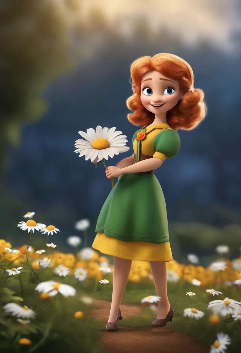 Criar poster 3d Pixar Disney, uma mulher branca cabelo ondulado castanho, olhos castanho claro, navy blue dress with strap at the neck, com uma fenda do lado esquerdo, with a bouquet of daisy flowers , The Daisy Plantation Scenario