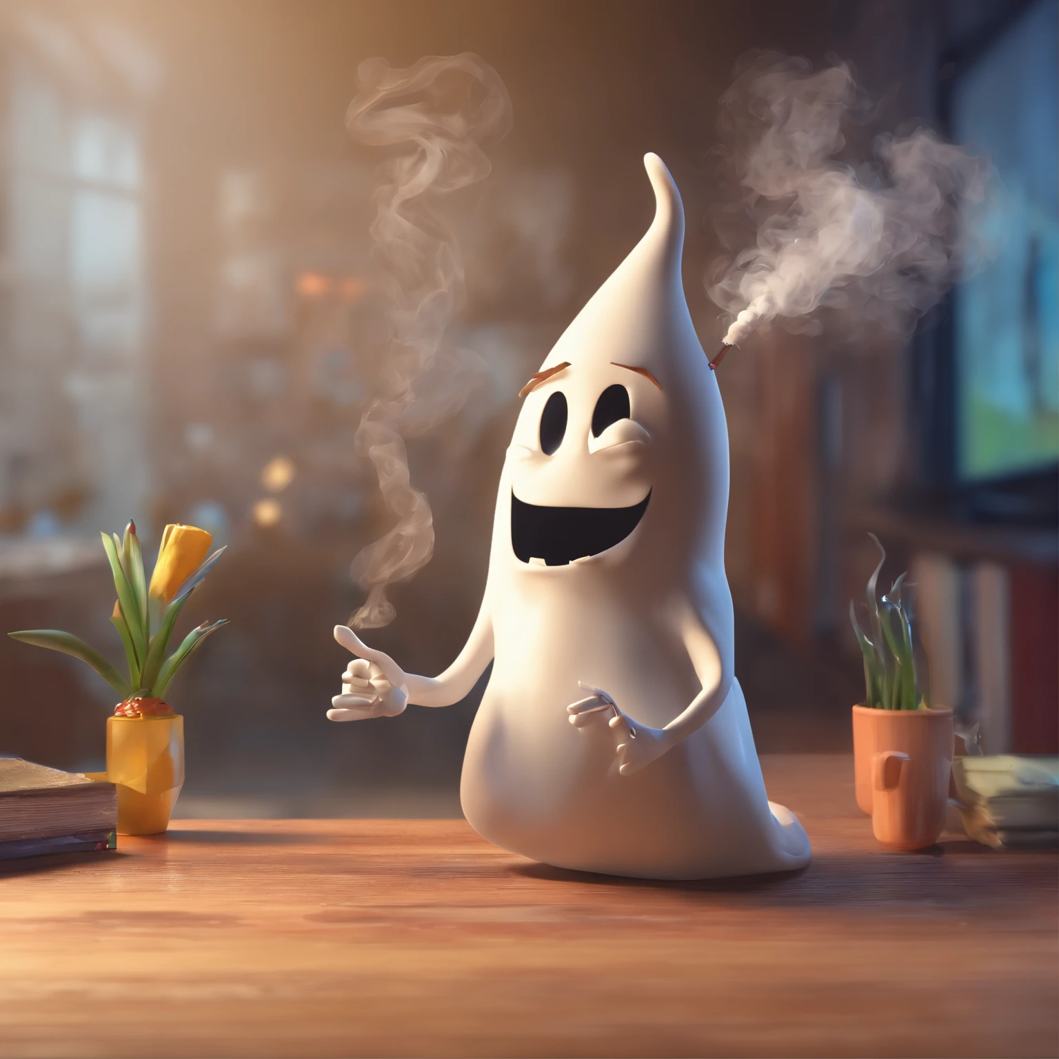 A ghost smoking a cuckold with a question mark on his head cartoon style
