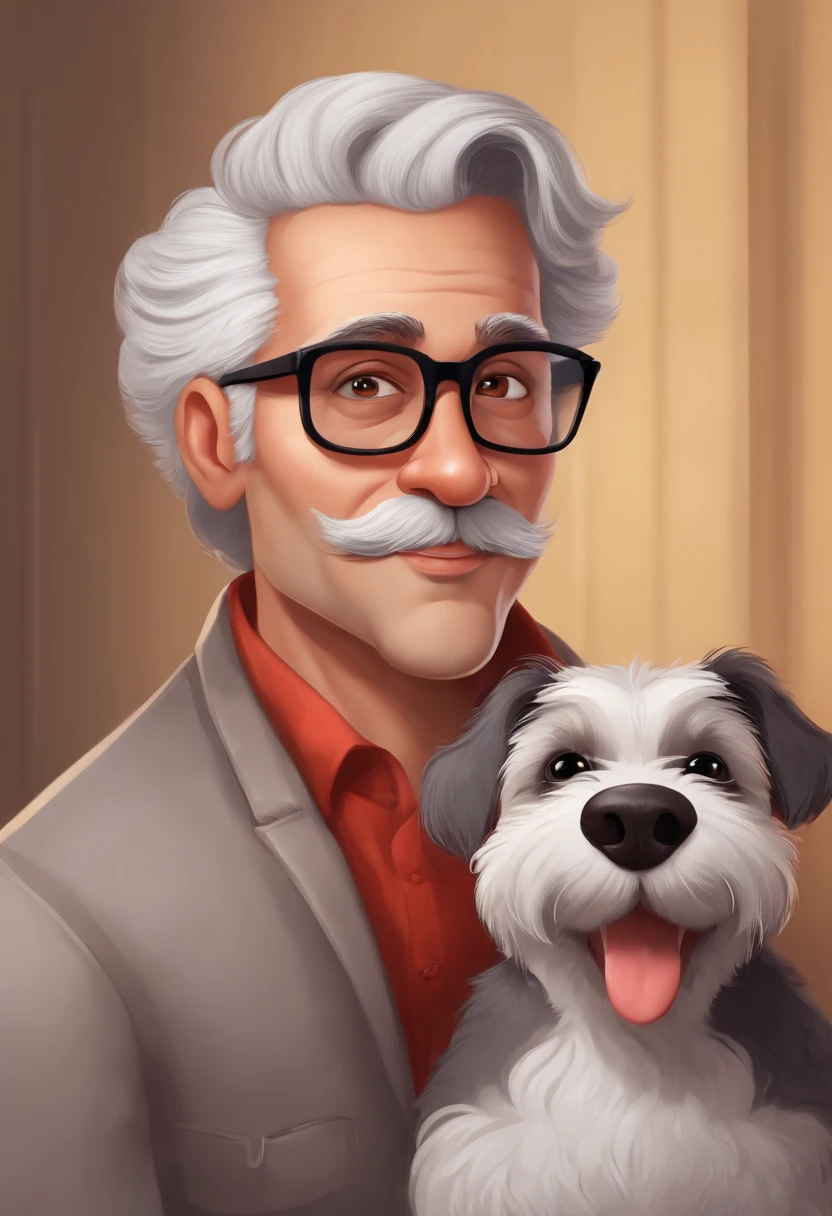 Cartoon character of a man wearing square black glasses, medium grey hair, olhos castanhos, estatura mediana, barba grisalha, usando camisa preta e vermelha, com um cachorro caramelo, pele clara estilo pixa