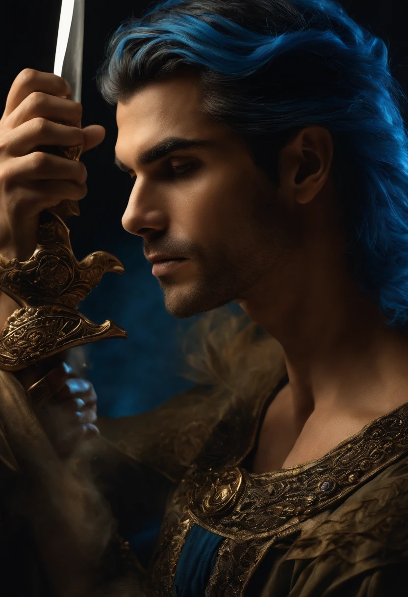 Um elfo azul HOMEM segurando uma espada rapiera com cabelo azul
