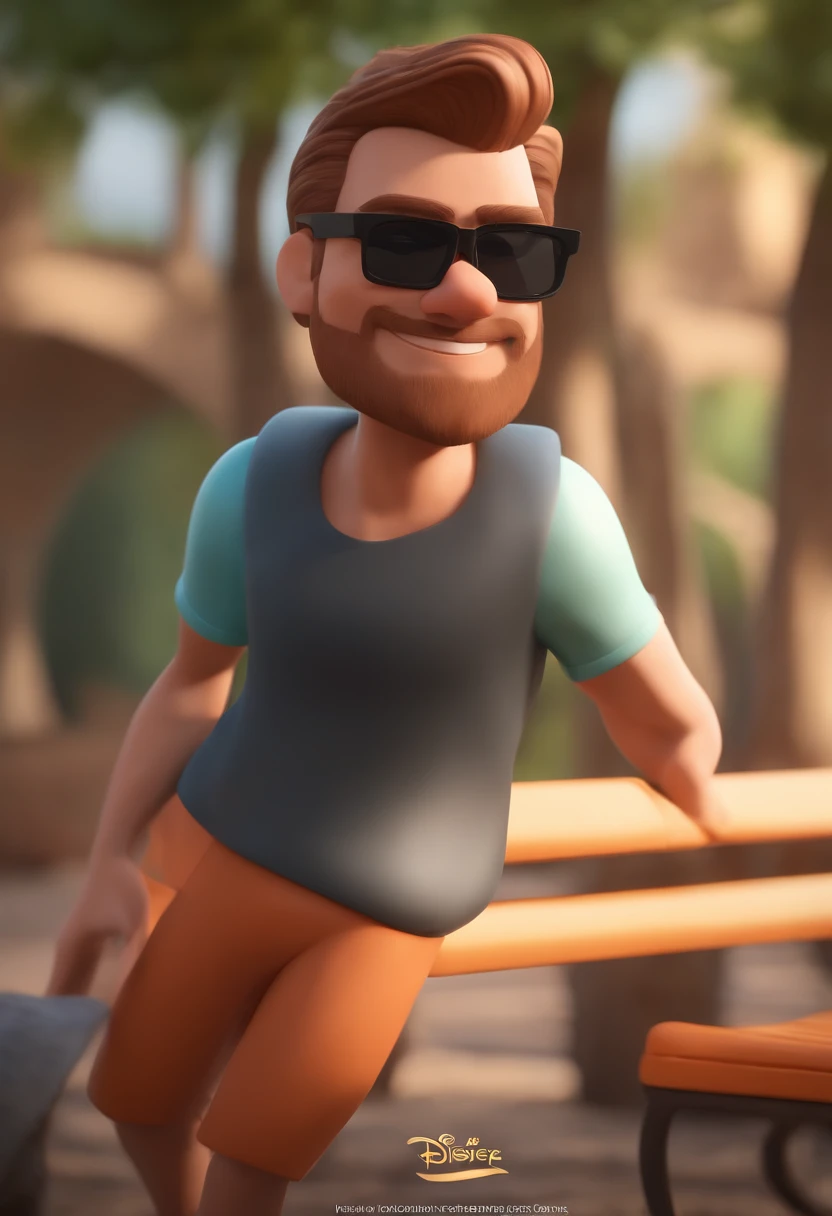MAKE a Disney Pixar Style Character Style Display Poster "ALMA DISNEY PIXAR "Cartoon of a thinly bearded brunette man wearing black sunglasses and an orange t-shirt, um personagem animado, com roupas de trekking e mochila nas costas, Caractere estilizado, animation style rendering, 3D estilizado, Arnold Maya render, 3 d render stylized, toon render keyshot, Personagem 3D, Personagem 3D, 3d rendering stylized, 3 d character render, personagem de desenho animado, Personagem de close up, Pose de personagem, (Estilo Pixar) (master part:1.2) (Bokeh) (melhor qualidade) (pele detalhada) (textura detalhada) (8k) (argila) (Cinematic lighting) (foco nítido,Senta e vaza a parte superior do corpo