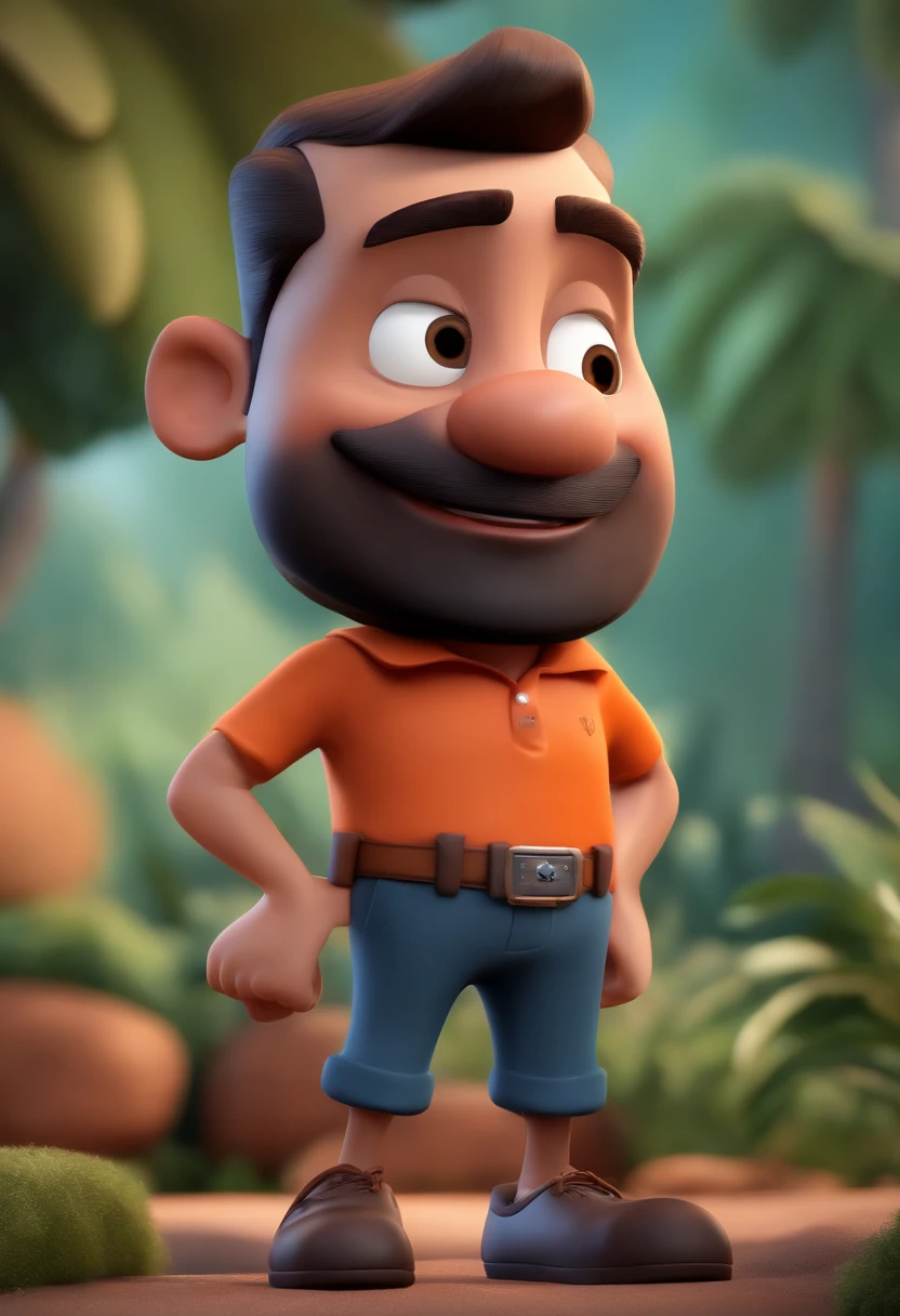MAKE a Disney Pixar Style Character Style Display Poster "ALMA DISNEY PIXAR "Cartoon of a thinly bearded brunette man wearing black sunglasses and an orange t-shirt, um personagem animado, com roupas de trekking e mochila nas costas, Caractere estilizado, animation style rendering, 3D estilizado, Arnold Maya render, 3 d render stylized, toon render keyshot, Personagem 3D, Personagem 3D, 3d rendering stylized, 3 d character render, personagem de desenho animado, Personagem de close up, Pose de personagem, (Estilo Pixar) (master part:1.2) (Bokeh) (melhor qualidade) (pele detalhada) (textura detalhada) (8k) (argila) (Cinematic lighting) (foco nítido,Senta e vaza a parte superior do corpo