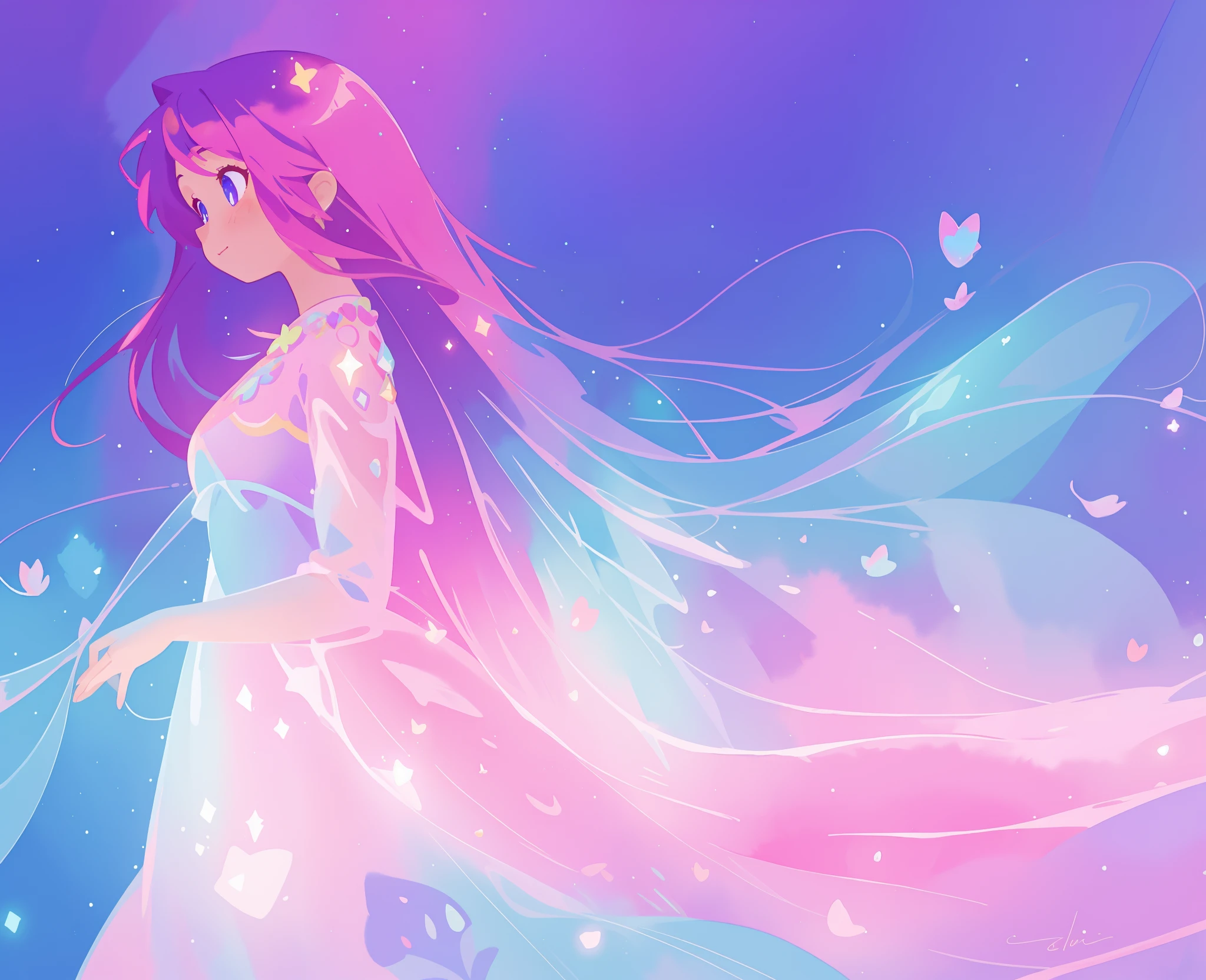 beautiful girl in colorful sparkling flowing ballgown, long flowing purple pink hair, colorful sparkling lights, flowing liquid theme, colorful fantasia background, watercolor illustration, disney art style, glowing aura around her, glowing lights, beautiful digital illustration, fantasia otherworldly landscape plants flowers, beautiful, masterpiece, best quality, anime disney style