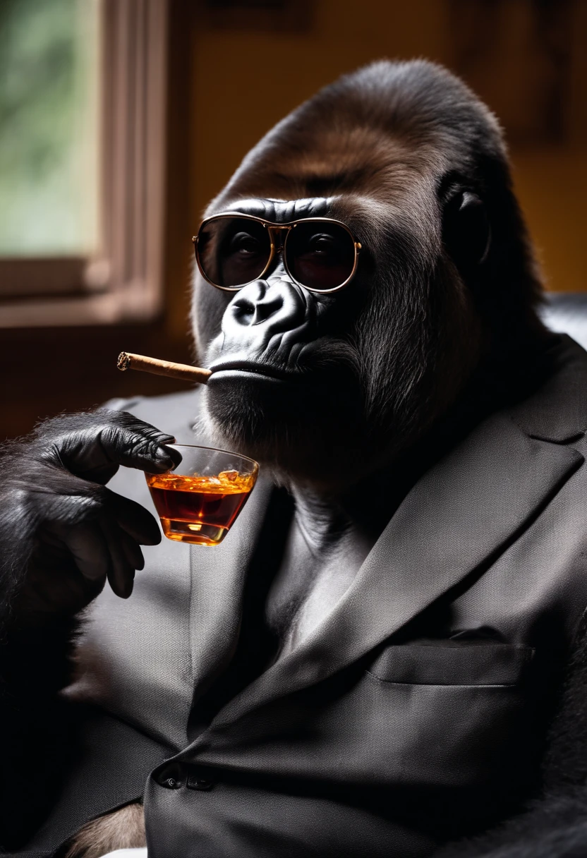 Gorilla wearing sunglasses with stylish clothes, foto de meio corpo, Sitting at an office desk and smoking a cigar.