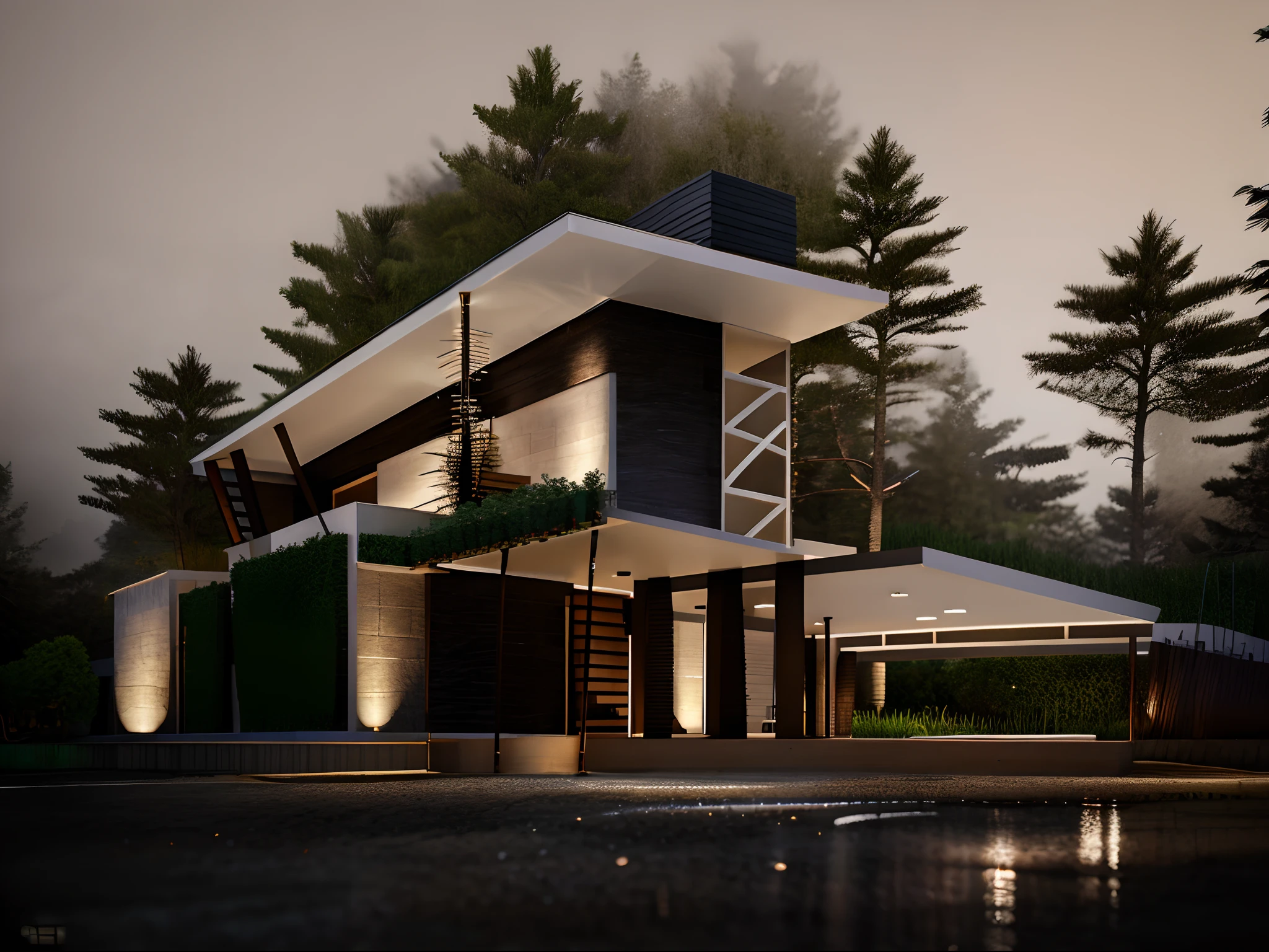 A modern construction for a house in a luxury condominium, Contemporary architecture The look is beautiful with supporting pillars, Acabamento Brisa, Wooded area with trees behind the building, ultra realistic, detalhes intrincados, cinematic lights, 8k