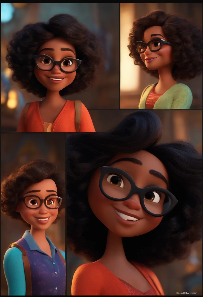 Pixar style image with 3D character glasses black brunette woman short curly hair, Maquiagem Disney, adoravel, sorridente, Pixar, Disney, Cinema lighting, Craft atelier background