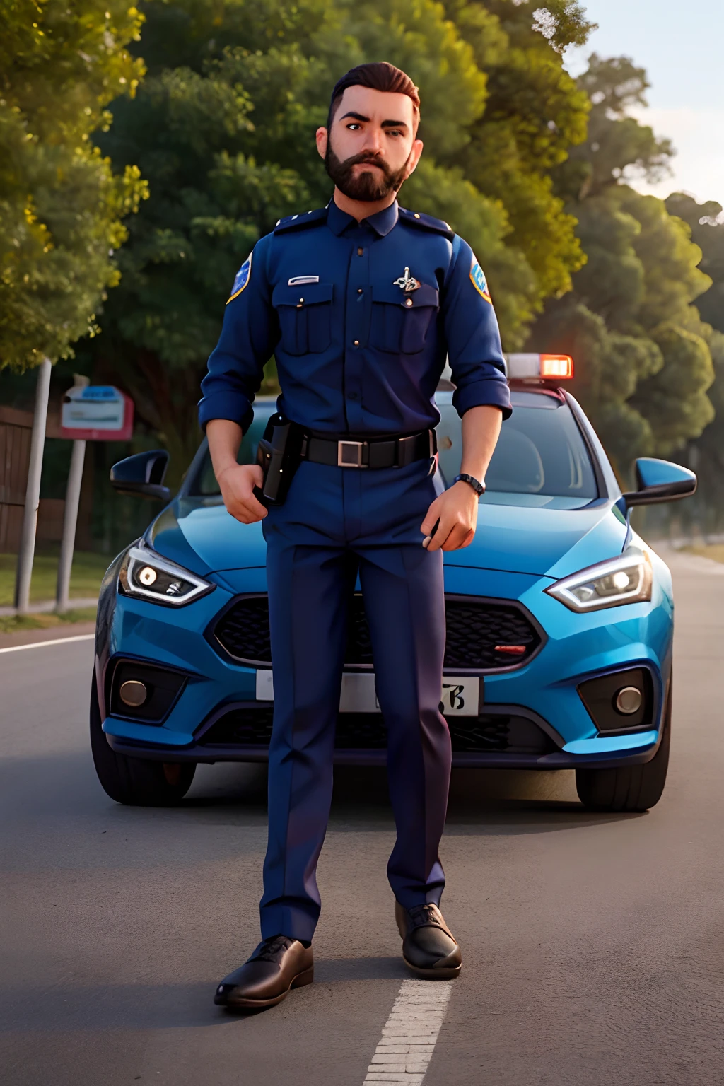 A imagem mostra um homem vestido de policial na frentevdo carro rebaixado dele em uma estrada asfaktada cheio de morros nos fundos o homem tem barba e cabelo arrepiado preto