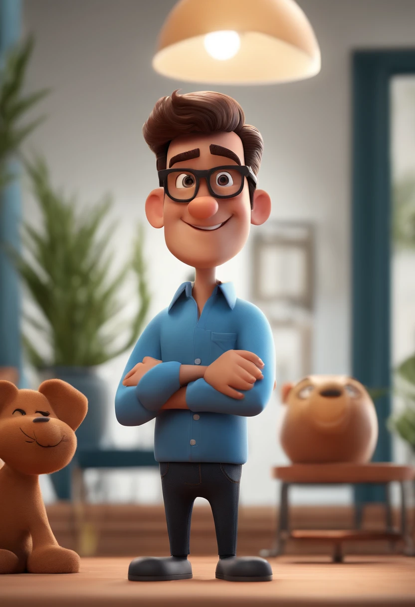 Cartoon character of a man with black glasses and a blue shirt, animation character, Caractere estilizado, animation style rendering, 3D estilizado, Arnold Maya render, 3 d render stylized, toon render keyshot, Personagem 3D, Personagem 3D, 3d rendering stylized, 3 d character render, personagem de desenho animado, Personagem de close up, Pose de personagem,  (Estilo Pixar) (master part:1.2) (Bokeh) (best quality) (pele detalhada) (textura detalhada) (8k) (argila) (Cinematic lighting) (foco nítido